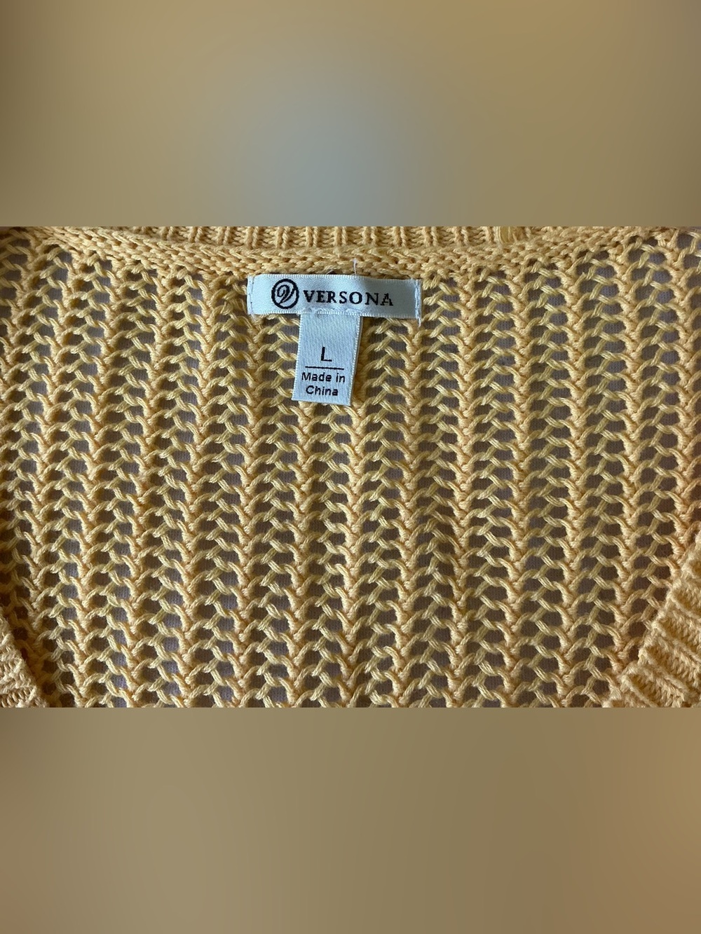 VERSONA Yellow Open-Stitch Open-Work Knit Sweater L Boho Vibe Beach Cover-Up - Picture 7 of 9